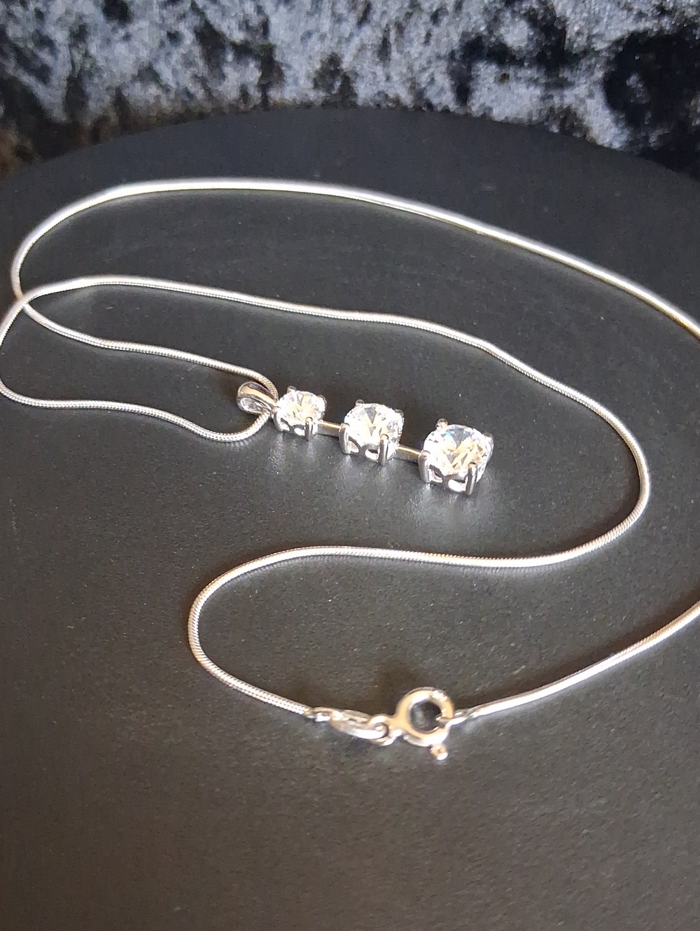 Triple Cubic Zirconia Pendant Necklace On Heavy Italian Snake Chain 925